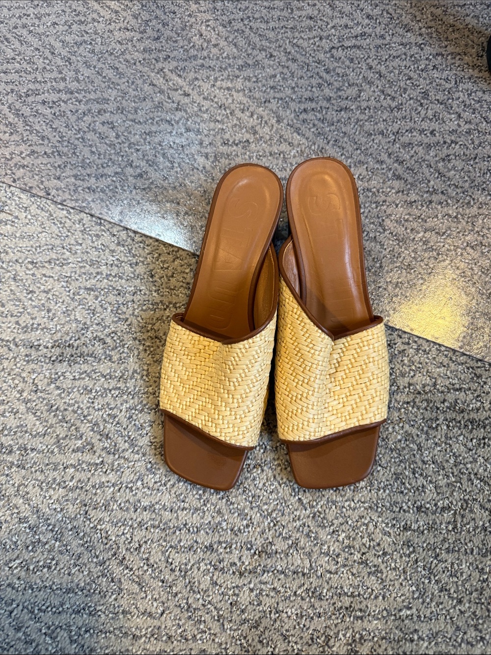 STAUD Natural Straw and Brown Woven Slide Mules